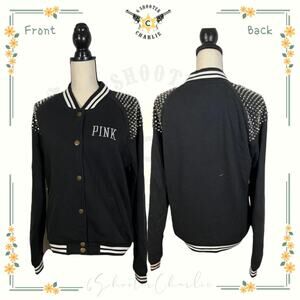 Victoria Secret Pink Varsity Jacket Women Medium Bomber STUDS Bling Snap Jacket